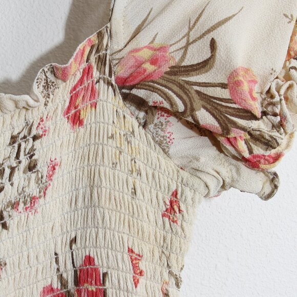 Reformation Leila Ivory Pink Floral Print Inka Midi Dress Smocked Slit Crepe XL - Picture 4 of 16